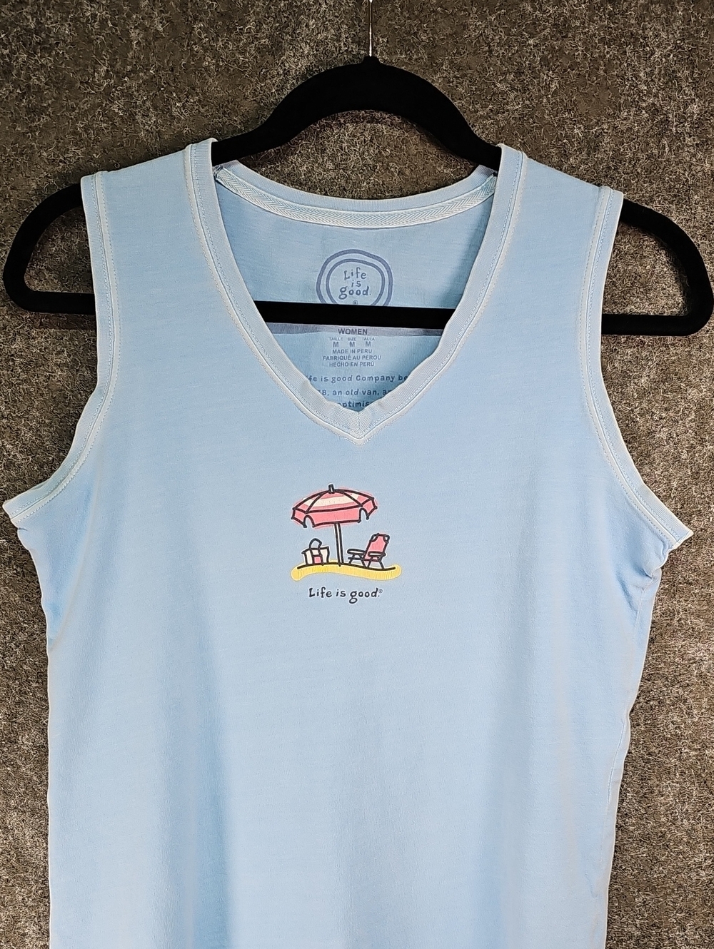 Life Is Good, Beach Umbrella V-neck Tank, Cotton, Light Blue, Size Medium - Picture 2 of 9